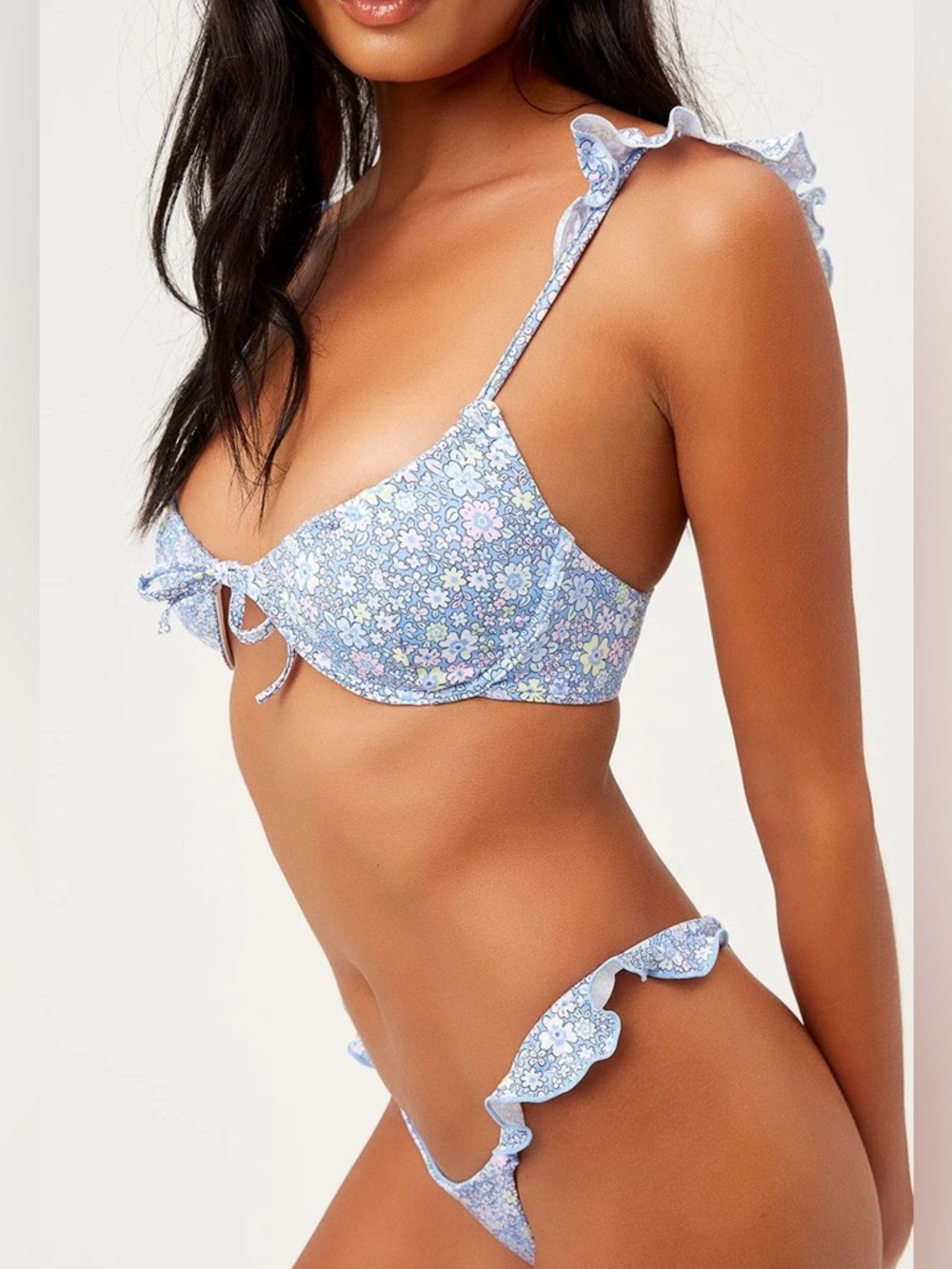Frankie's Bikinis Light Blue Floral Ruffle Bikini